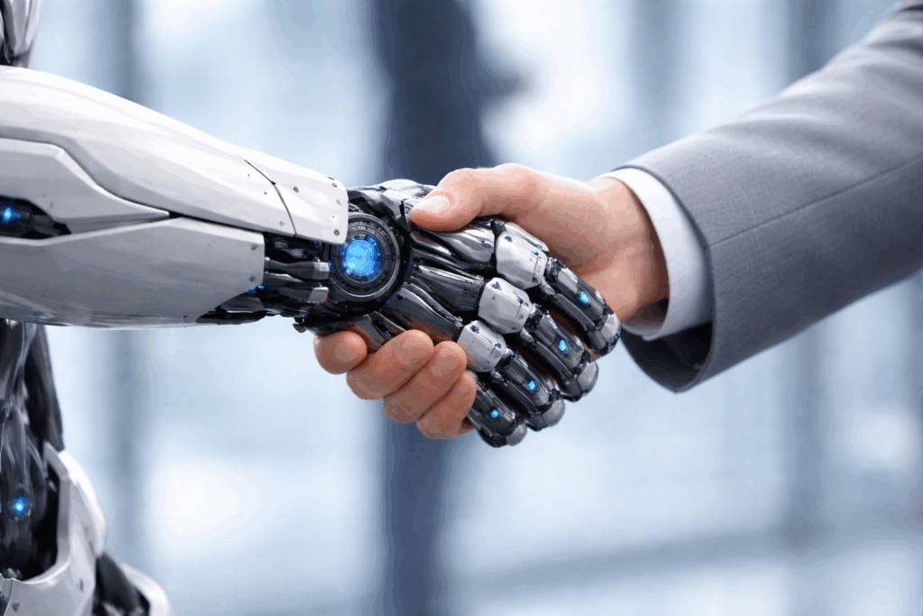 human and robot shake hands